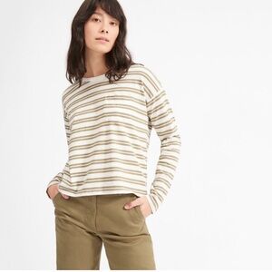 Everlane Striped Long Sleeve Box-Cut Tee - Olive and Tan, XS